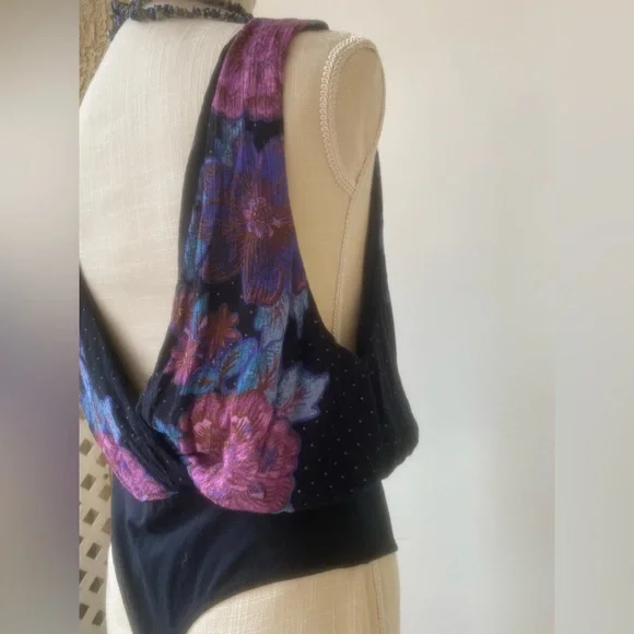 free people floral body suit deep v thong sz m - Picture 7 of 13